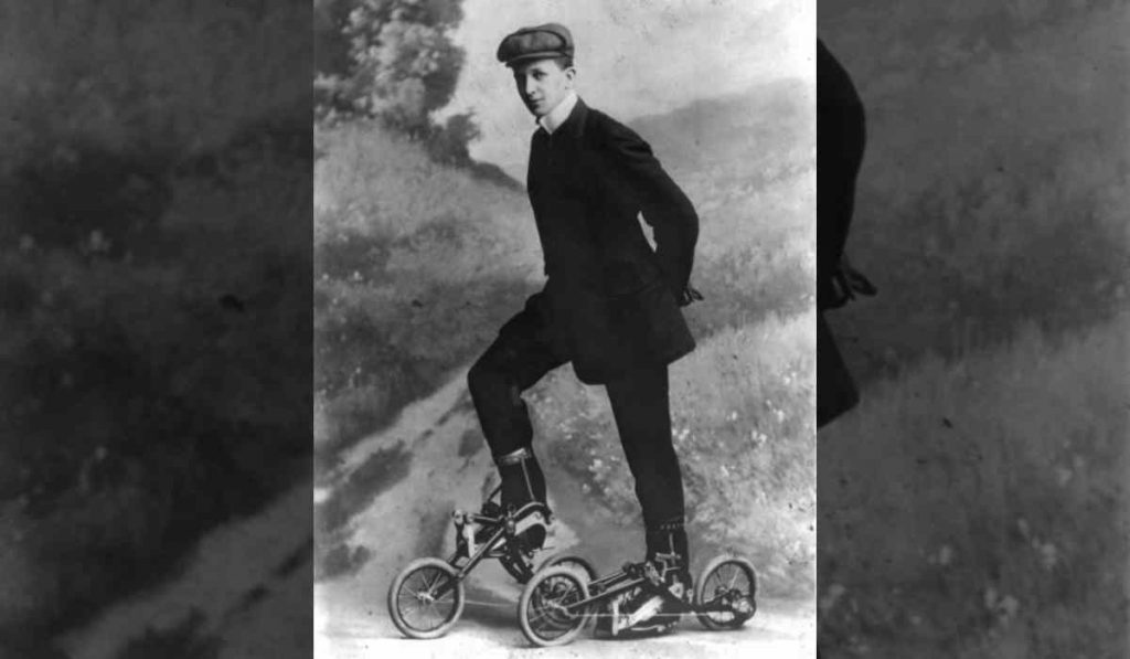 early prototype of roller skates equipped with pedals and wheels
