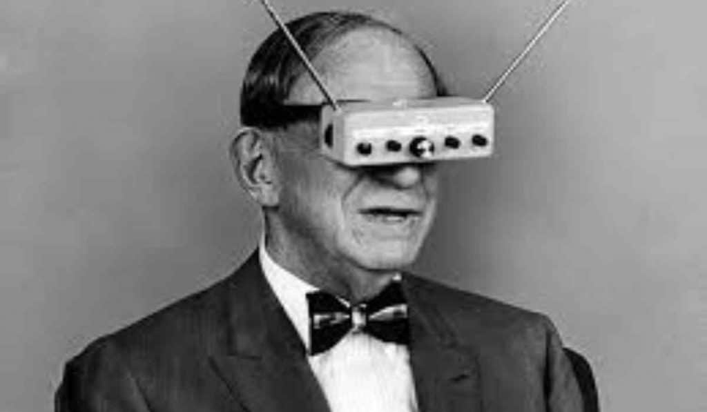 Inventor Hugo Gernsback with his television goggles in 1963