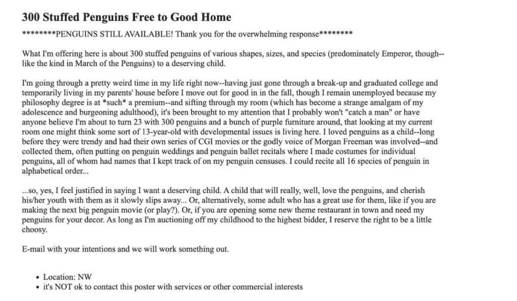 selling 300 stuffed penguins - craziest ads online