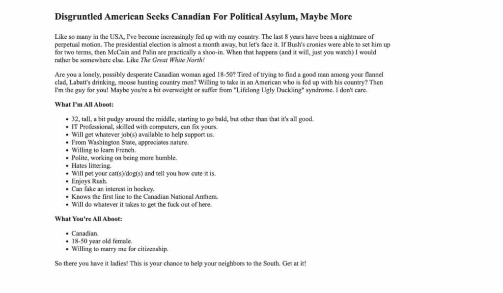 American Asking Canadian For Political Asylum on Craigslist