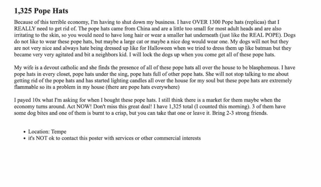 Pope hats for sale on Craigslist