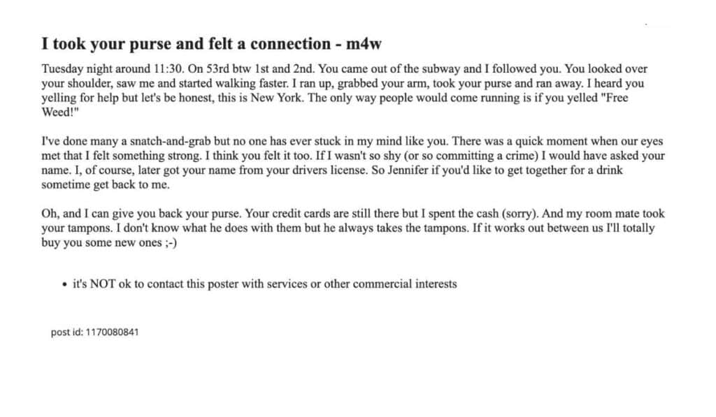 funny craigslist ad - purse thief dating ads