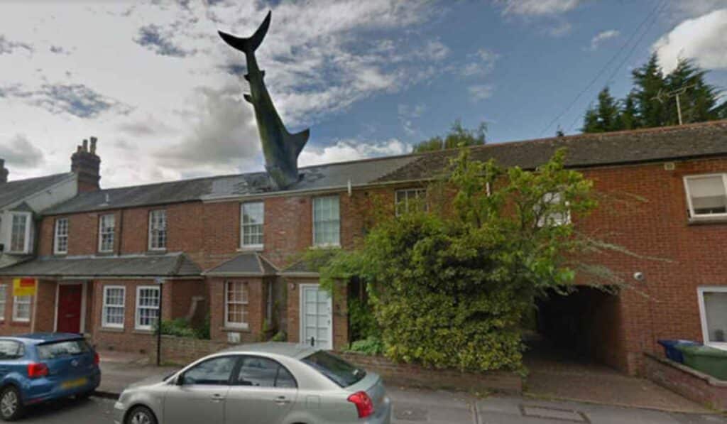 funniest google maps images - shark in a roof
