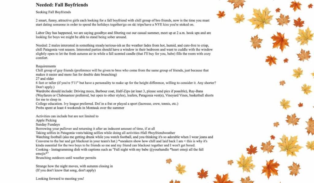 boyfriend needed for fall - funny craigslist ad