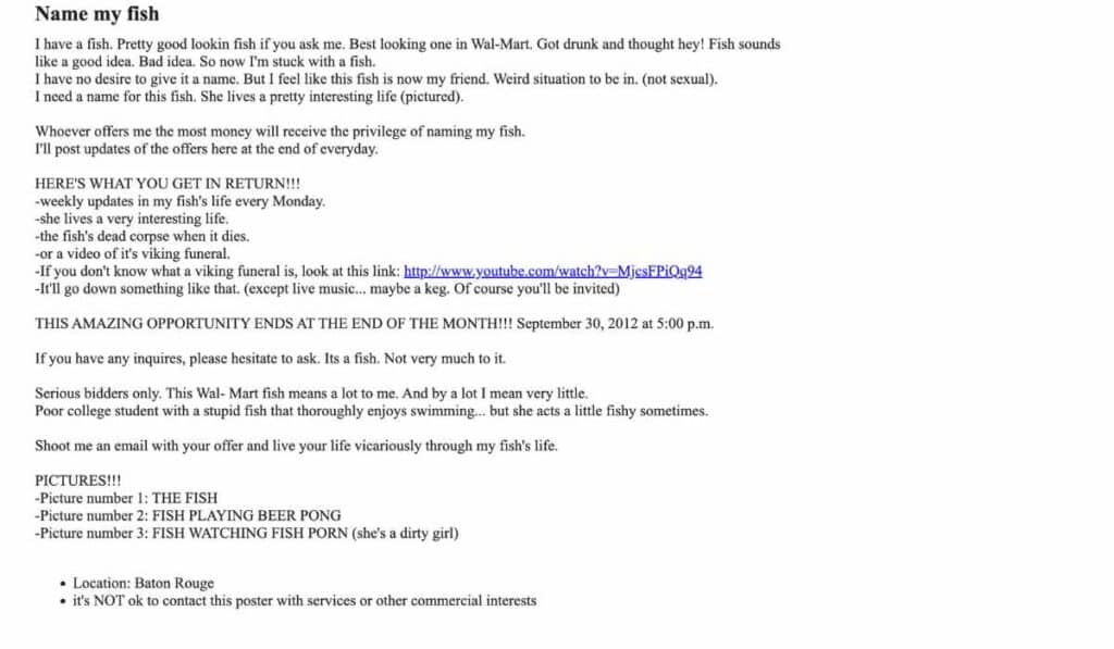naming a fish ad on craigslist 
