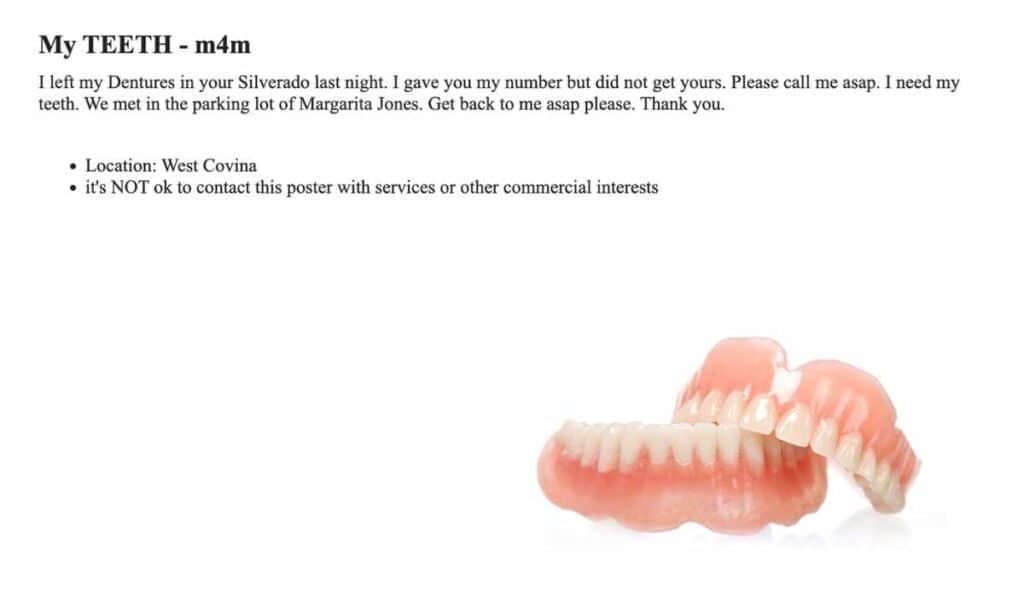 finding their lost dentures on Craigslist funny ads