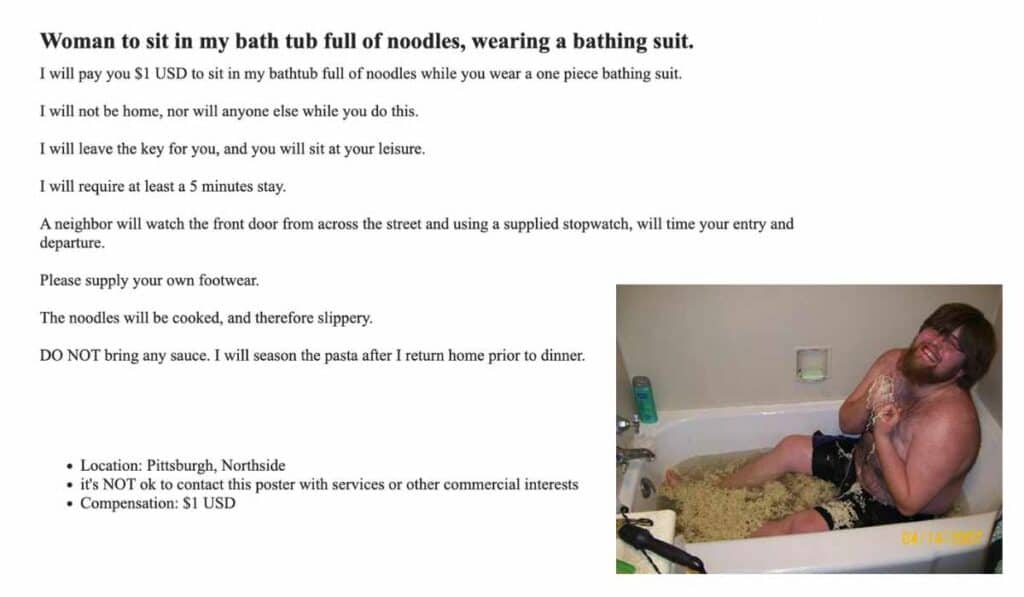 Woman To Sit In Bathtub Full Of Noodles - crazy ad on Craigslist